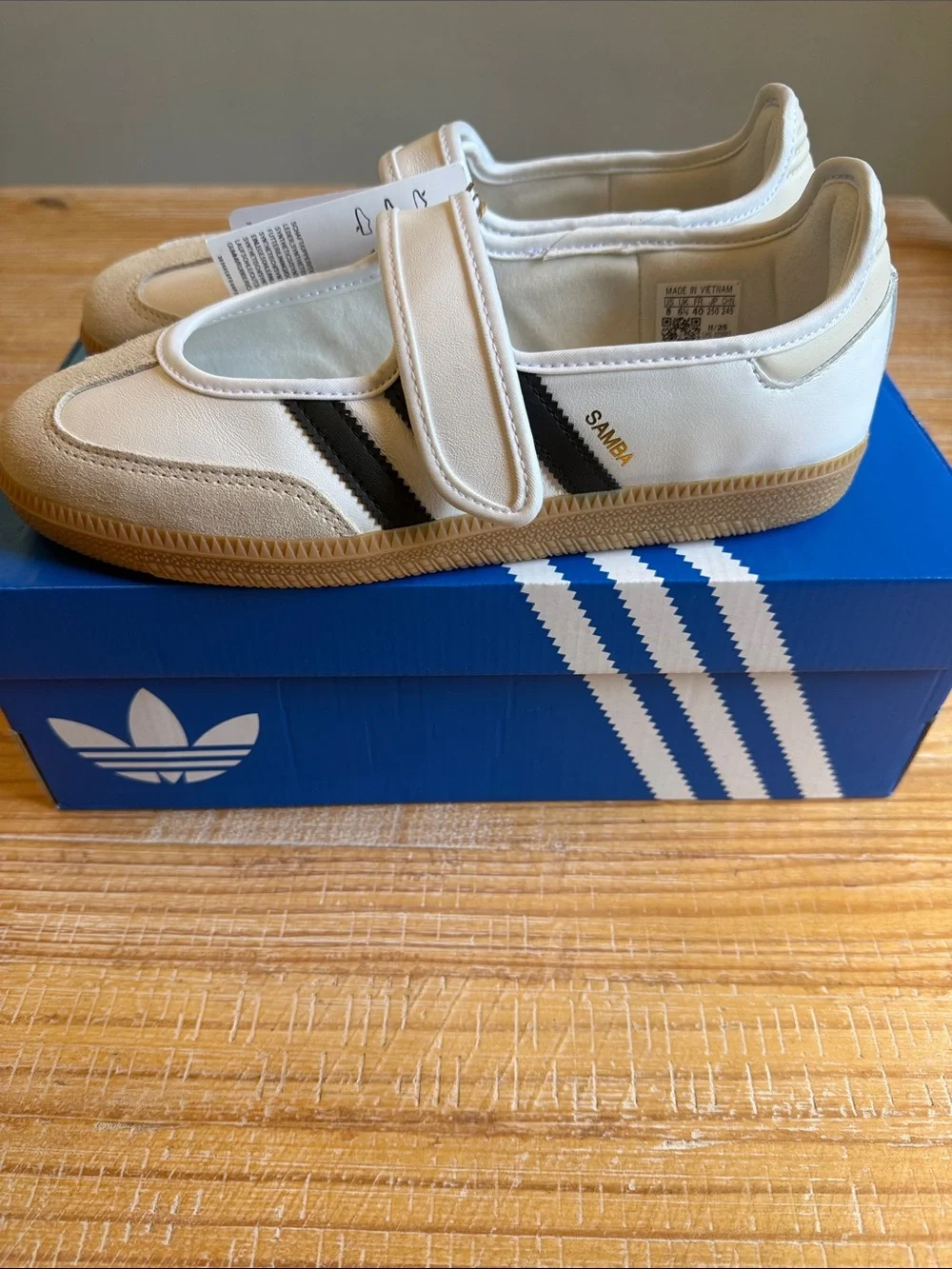adidas Samba Janes Strap Sneakers in White/Black with Gum Sole